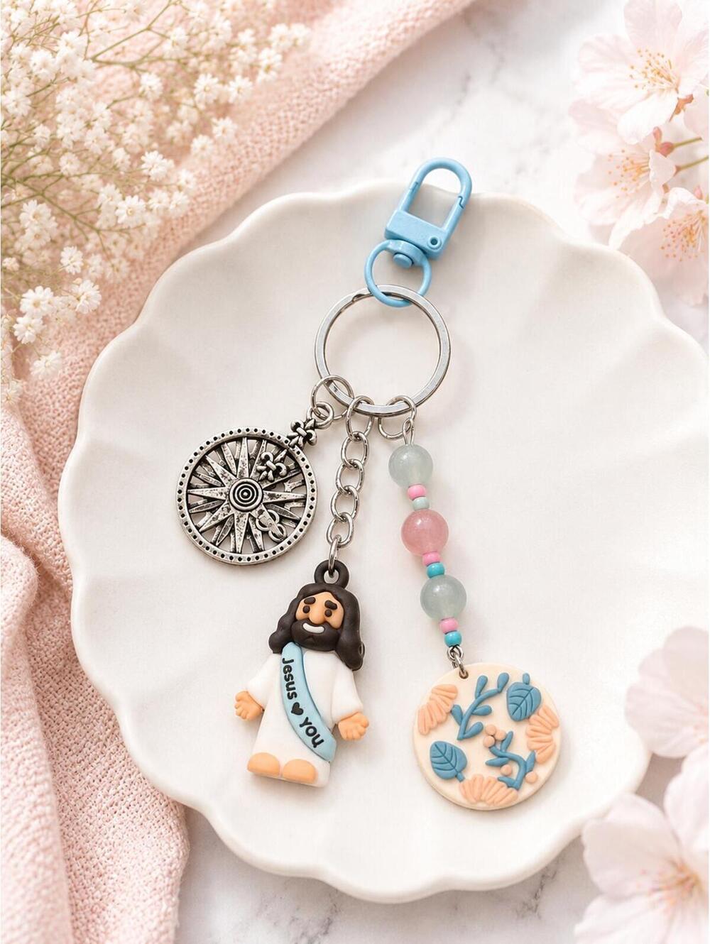 489 New Handmade Navigate with Faith Jesus Keychain Bag Charm Silver R0000489
